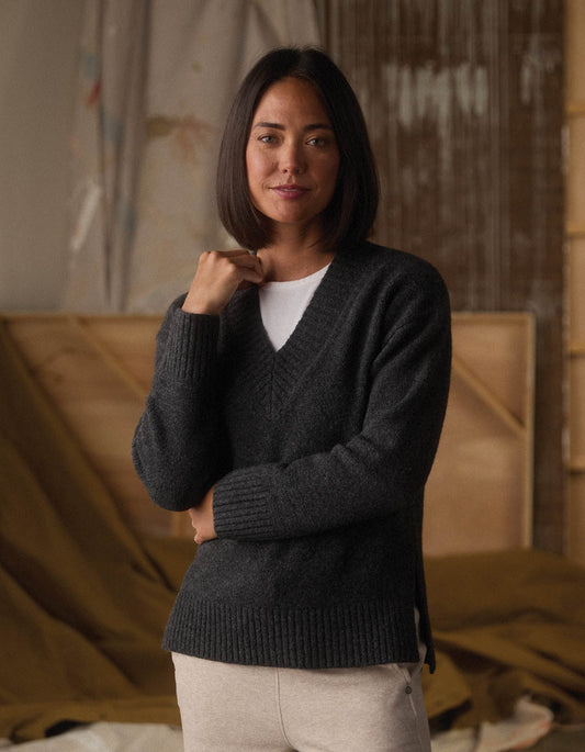 Homebound V-Neck Sweater in Charcoal — front view on model