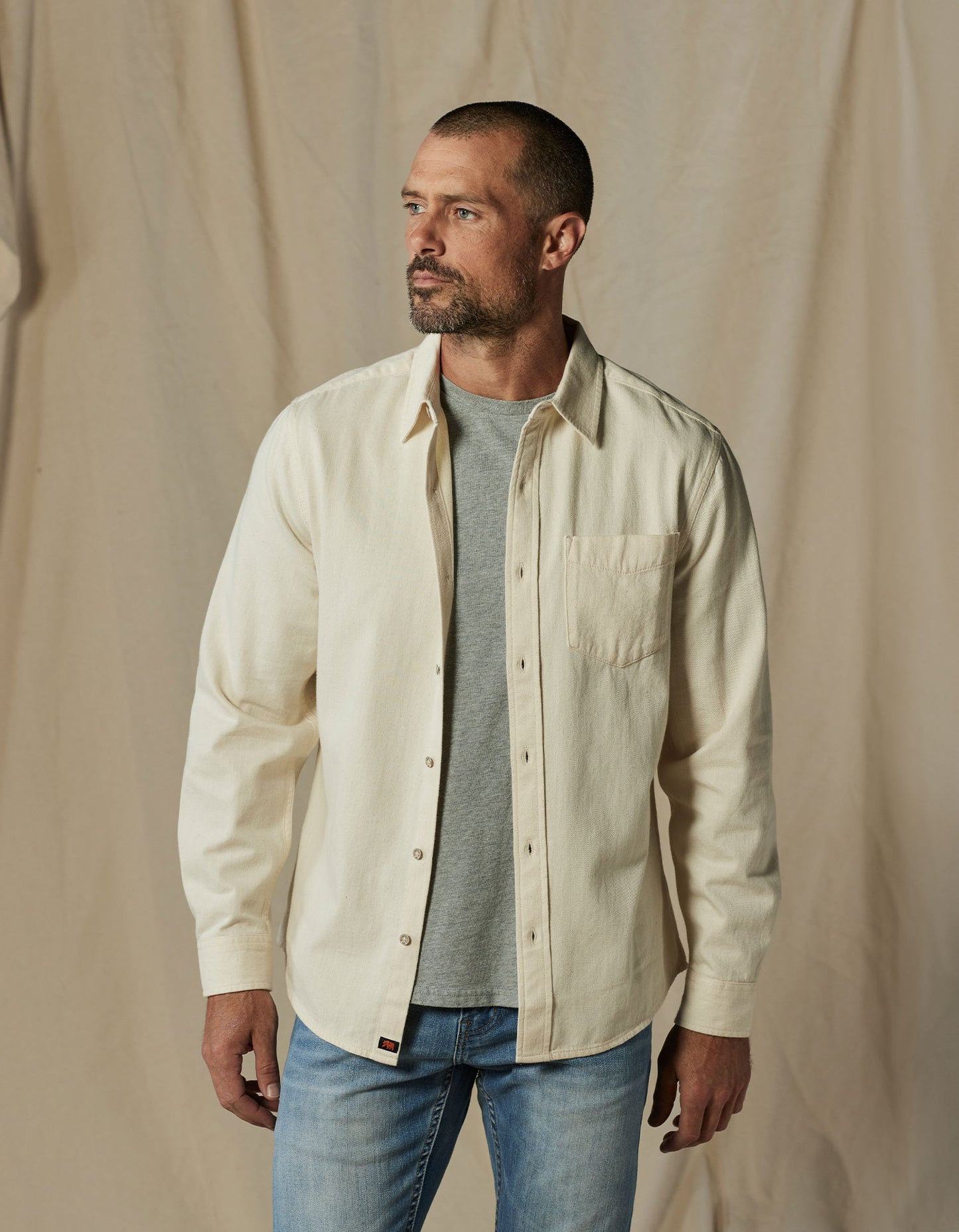 Cotton Denim Long Sleeve Button Up in Ecru