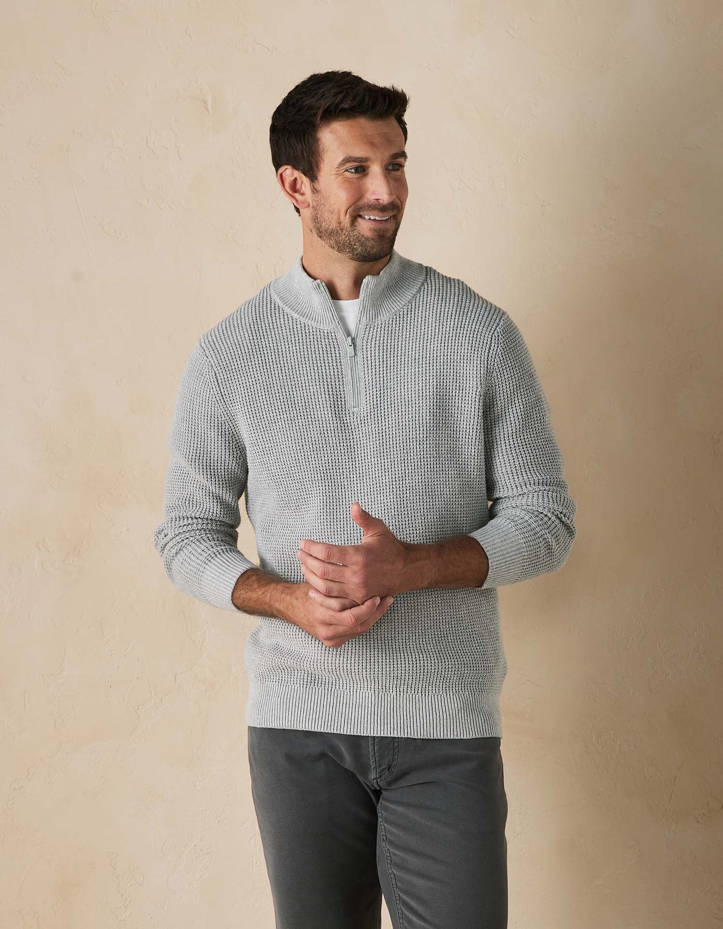 Waffle Knit Quarter Zip Pullover in Grey