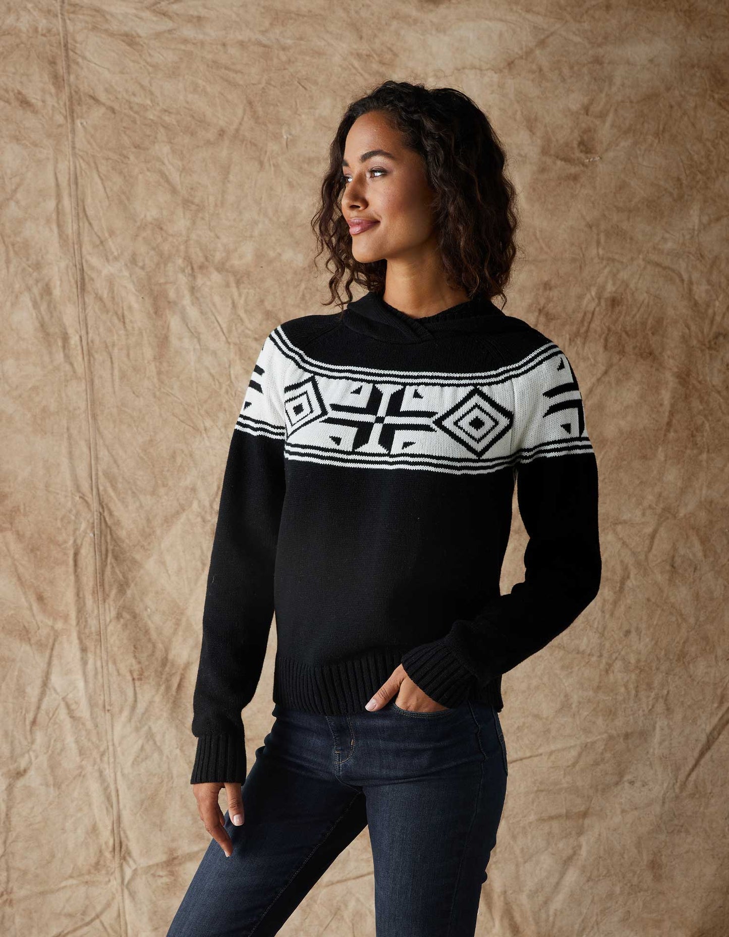 Fair Isle Surplice Hoodie in Black/White