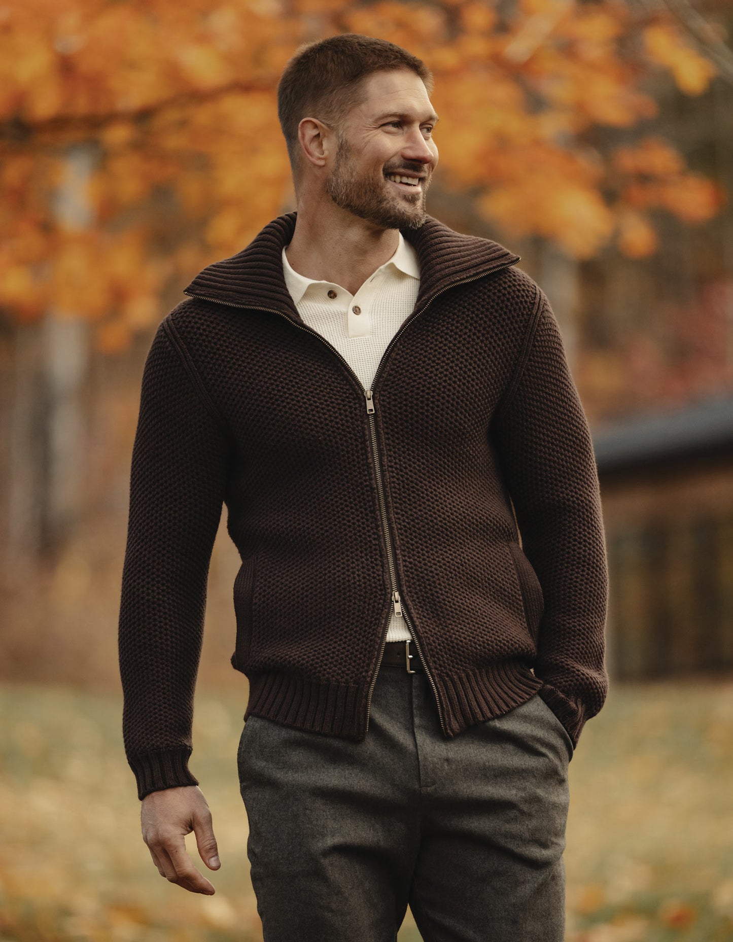 Waffle Sweater Jacket in Dark Brown