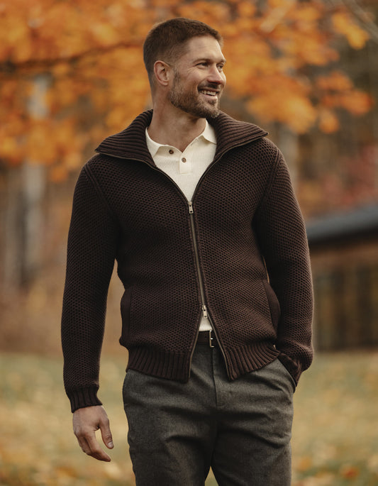 Waffle Sweater Jacket in Dark Brown