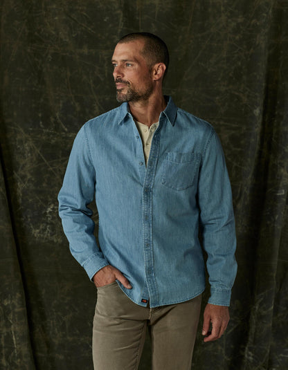 Cotton Denim Long Sleeve Button Up in Light Wash