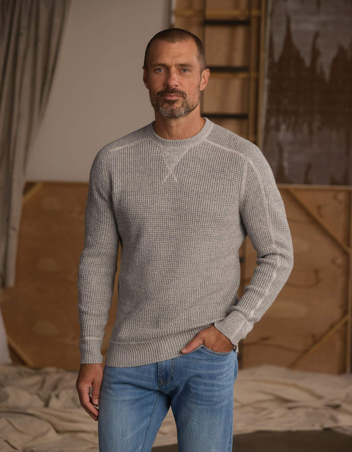 Waffle Crewneck Sweater in Light Grey Marled