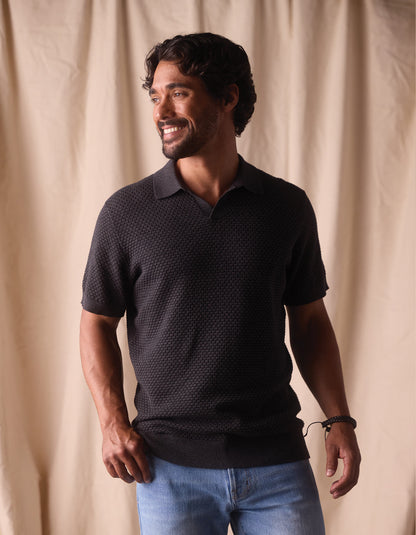 Robles Knit Jacquard Polo in Charcoal