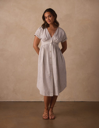 Freshwater Deep V Button Thru Dress in Vintage Blue Stripe L Freshwater Deep V Button Thru Dress in Vintage Blue Stripe L