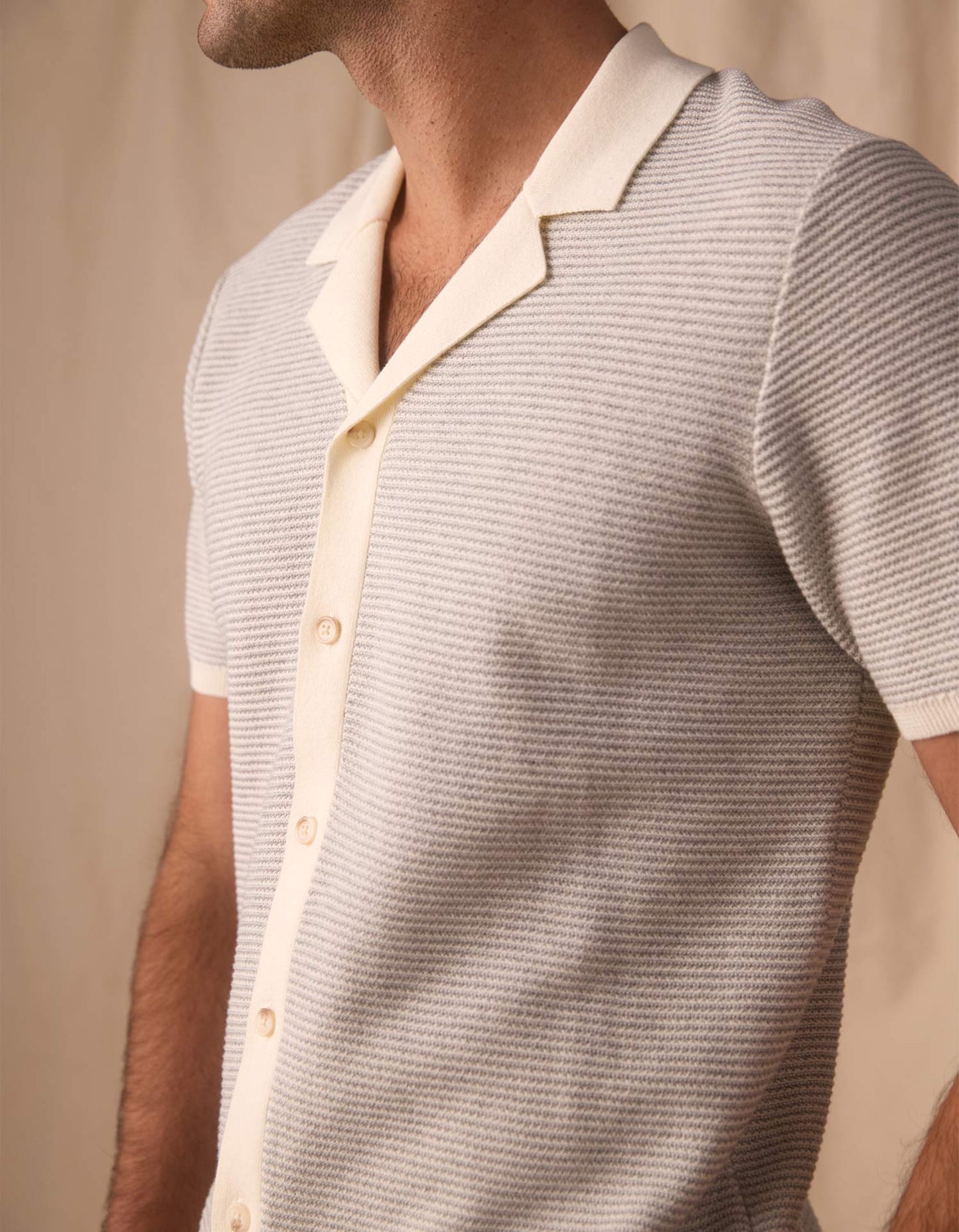 Robles Birdseye Knit Camp Button Up in Cream/Grey