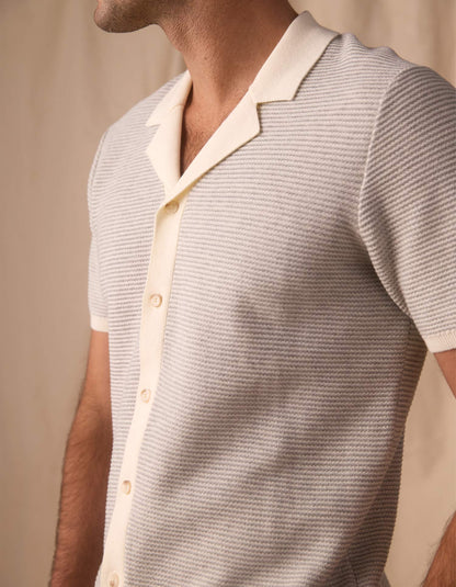 Robles Birdseye Knit Camp Button Up in Cream/Grey