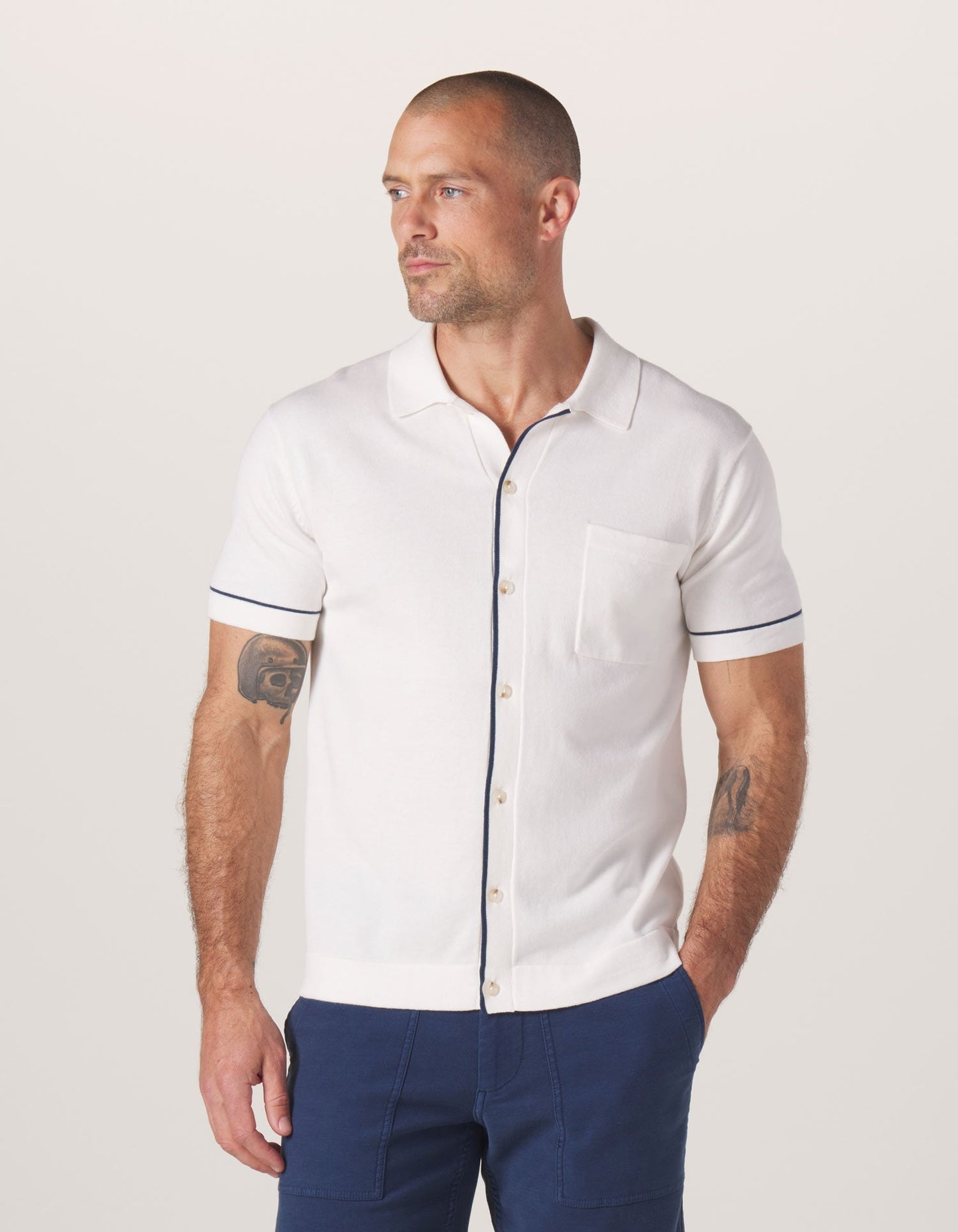 Robles Knit Button Down in White-Navy