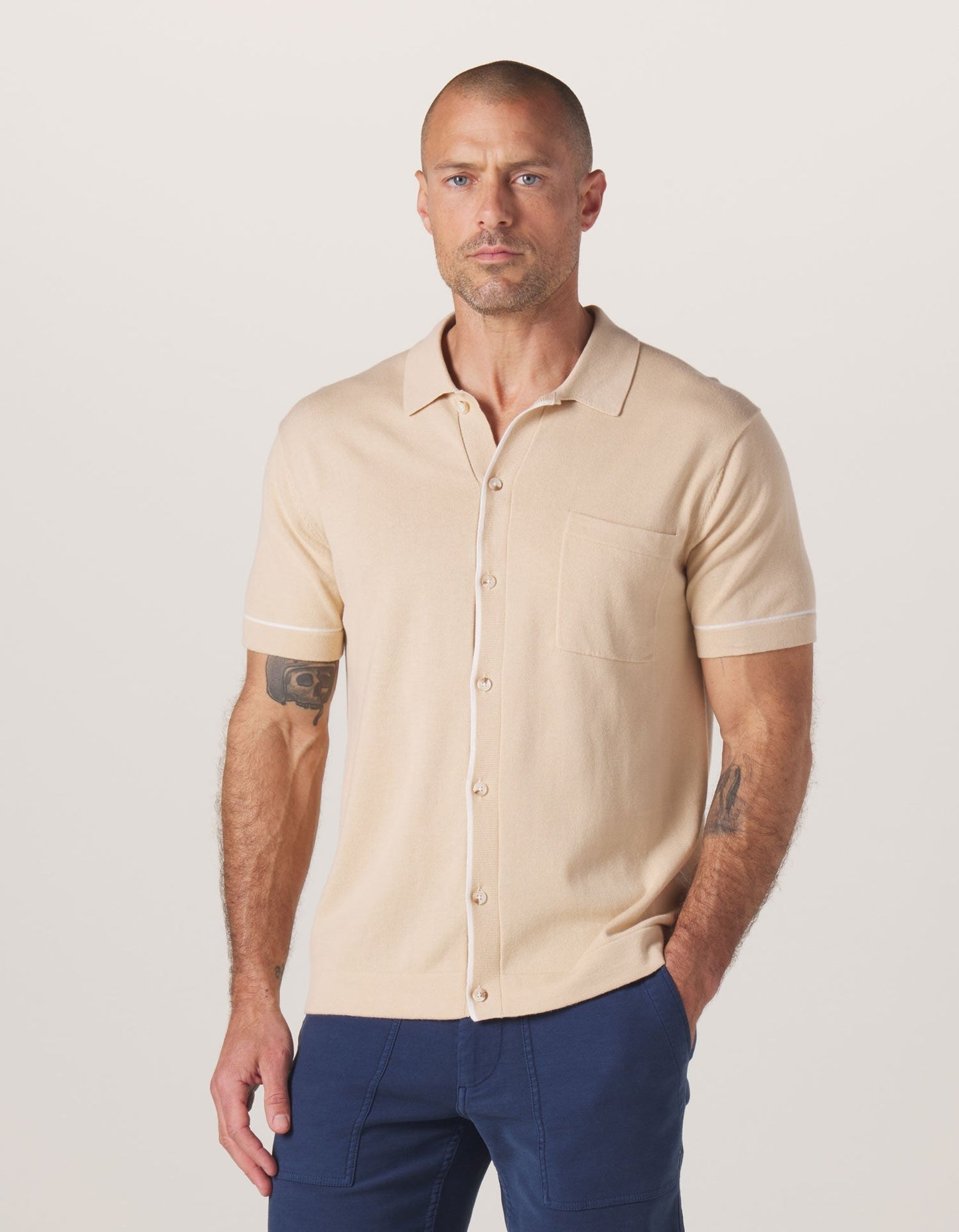 Robles Knit Button Down in Tan-White