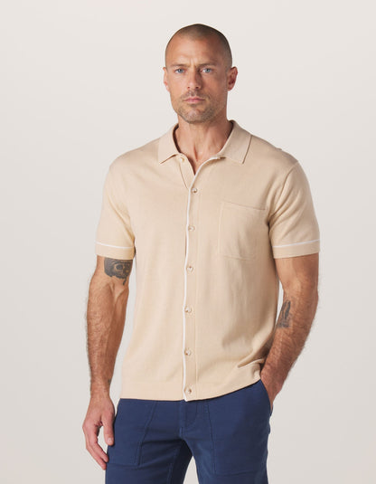 Robles Knit Button Down in Tan-White