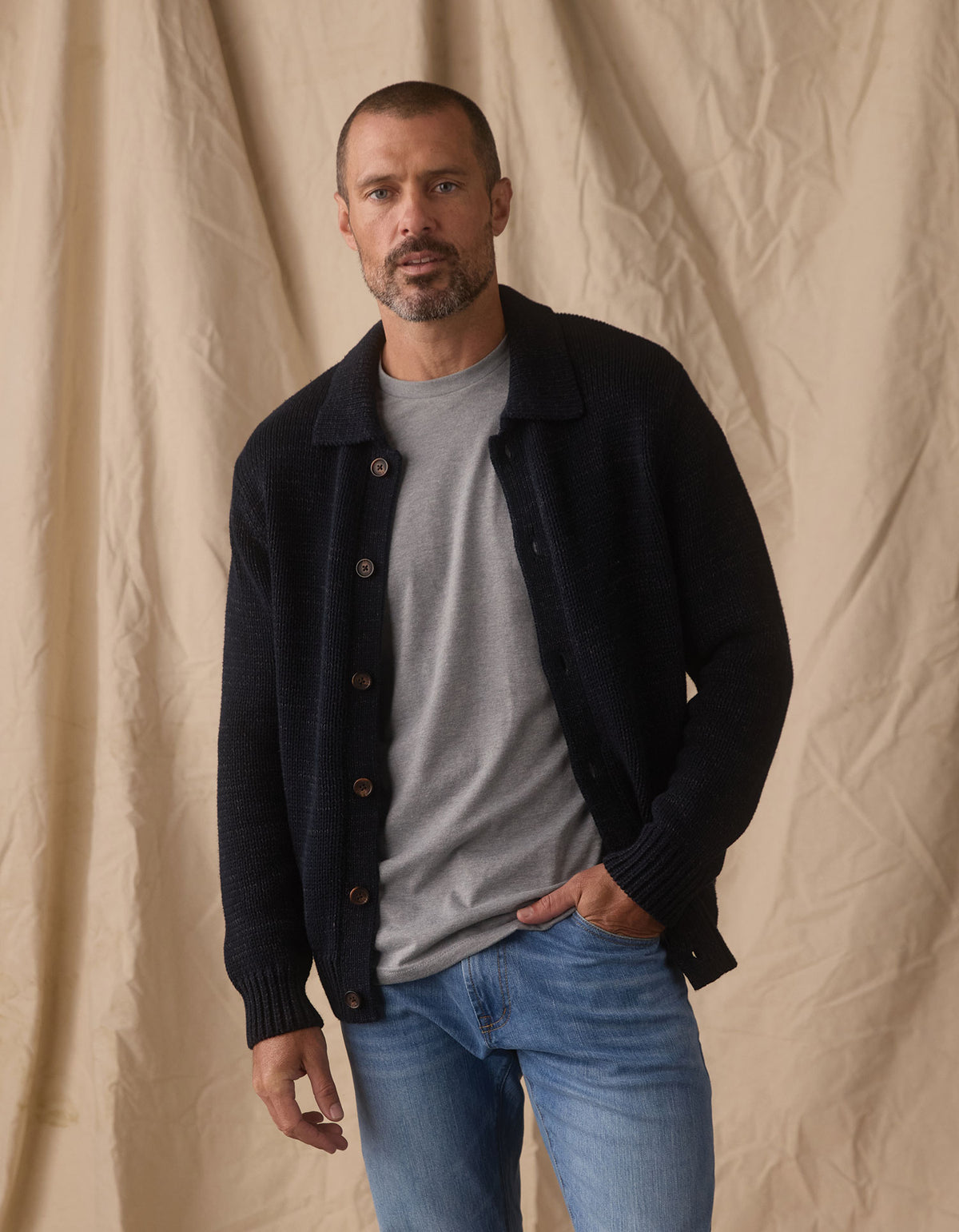 Pub Sweater Jacket in Navy / Grey Nep