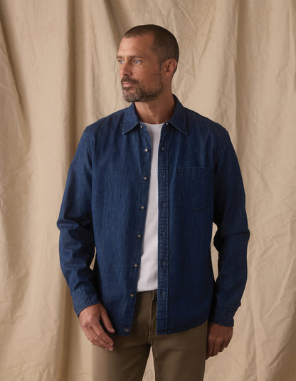Cotton Denim Long Sleeve Button Up in Dark Wash