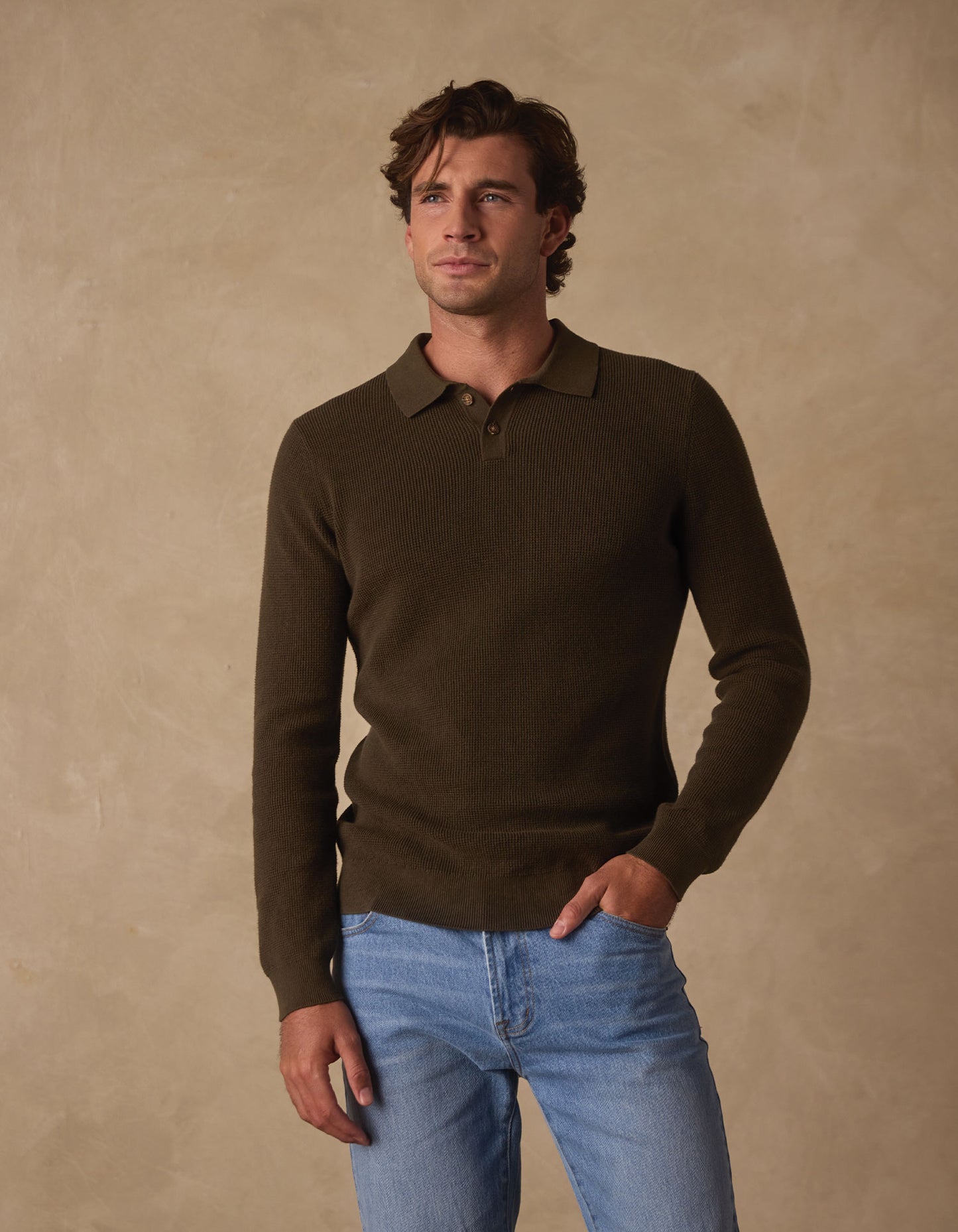Robles Knit Waffle Stitch Polo in Alpine