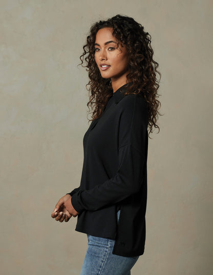 Puremeso Split Side Polo Top in Black