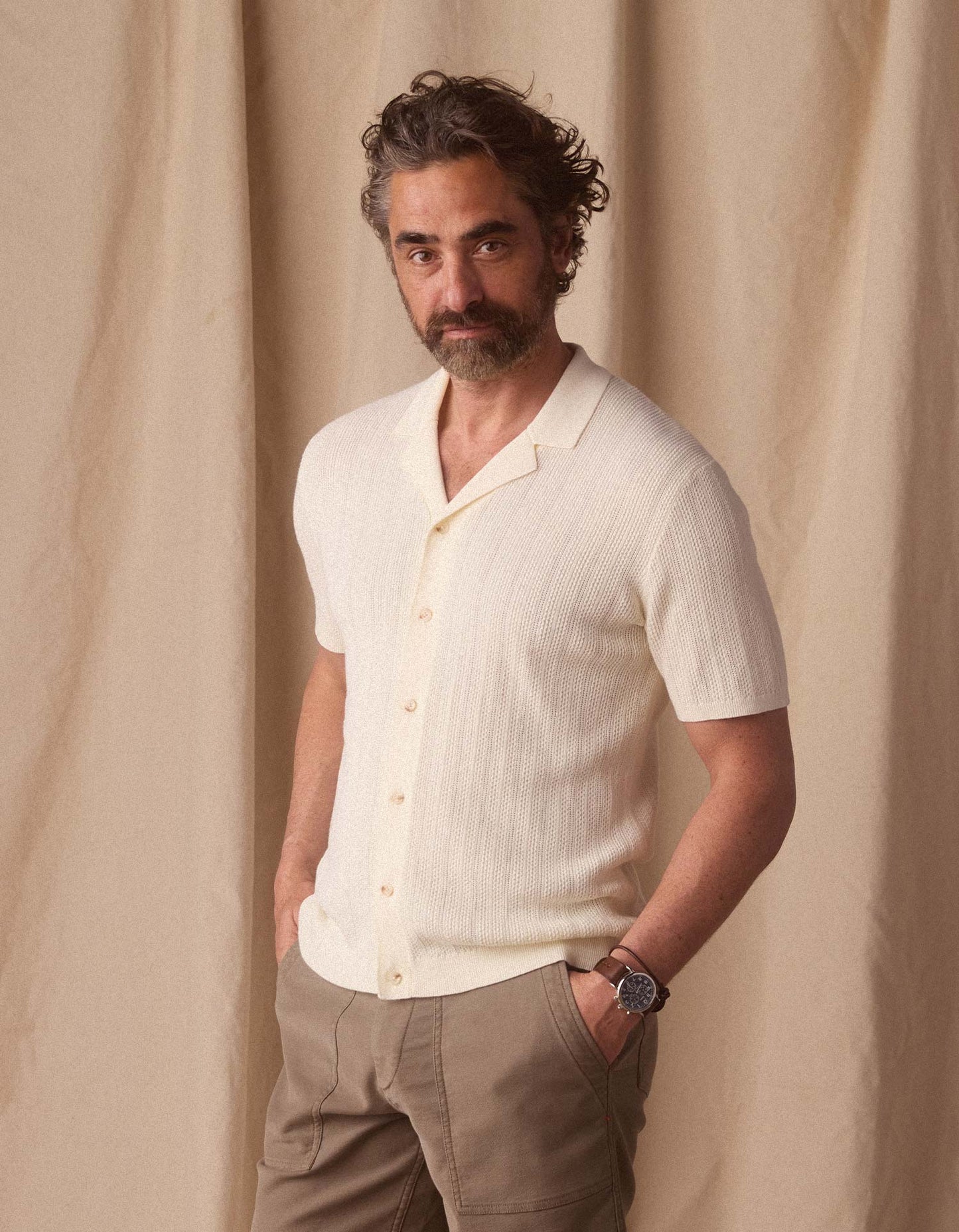 Robles Textured Knit Camp Button Up in Ivory