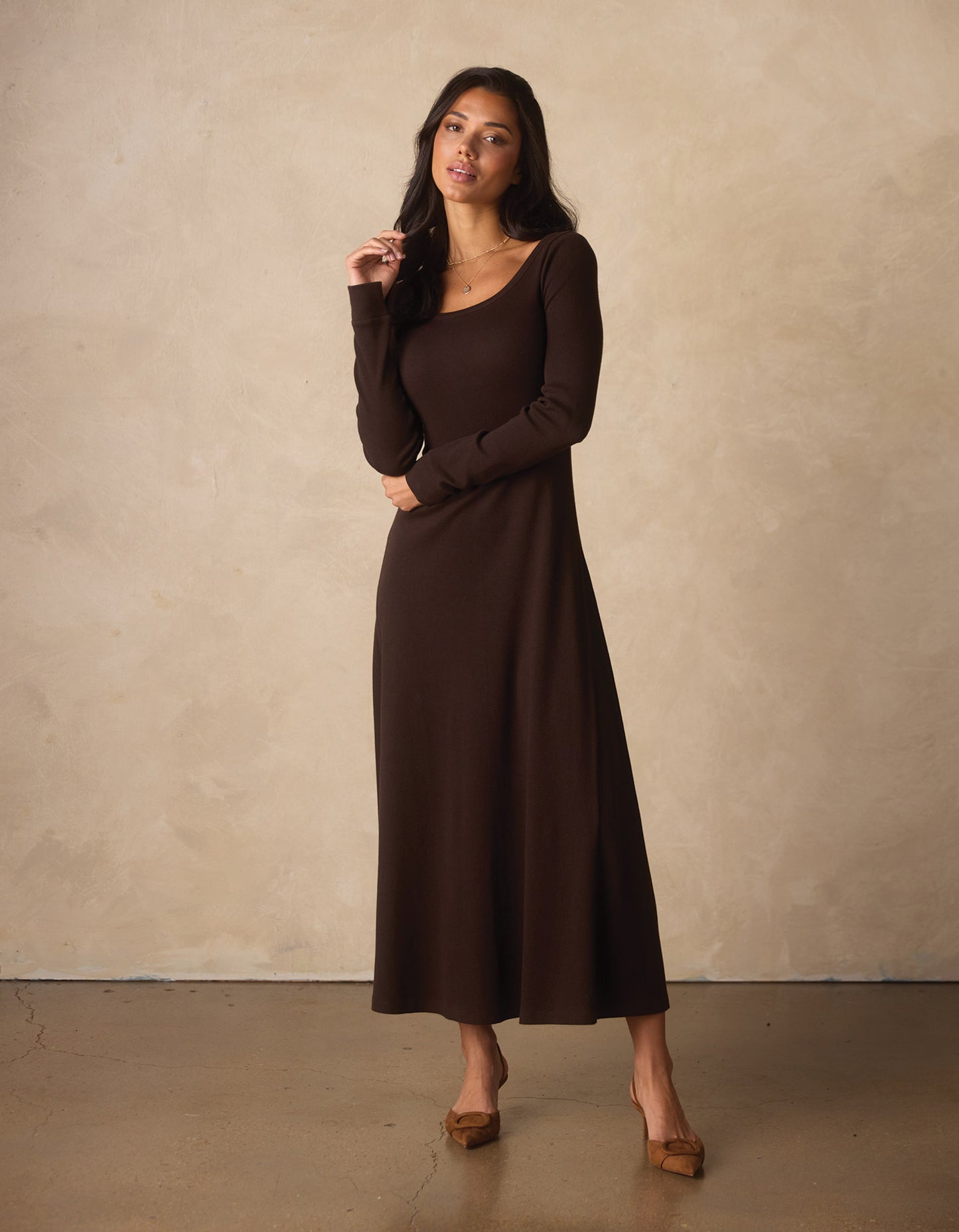 Normal Rib Long Sleeve Dress in Dark Brown
