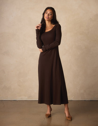 Normal Rib Long Sleeve Dress in Dark Brown
