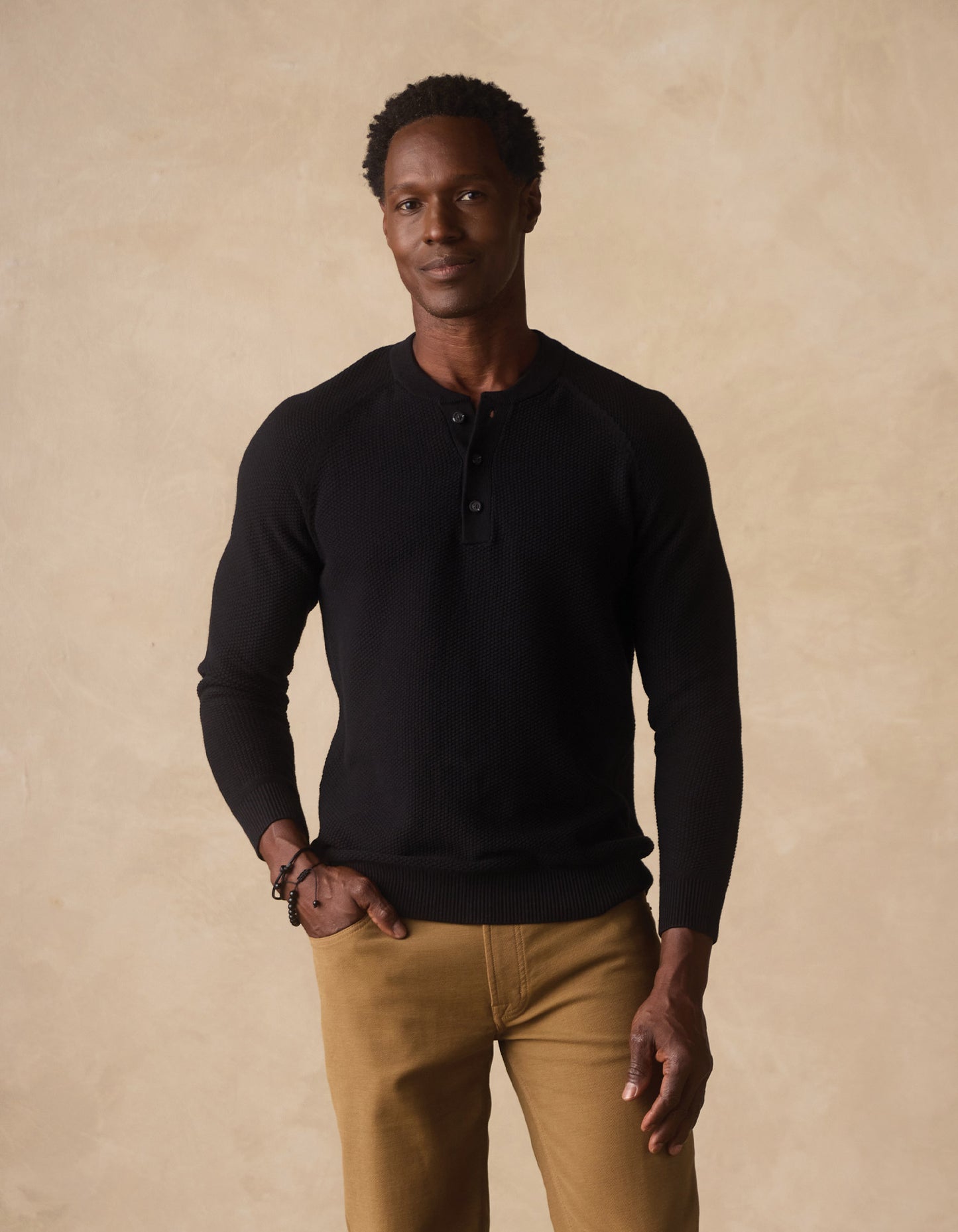 COOLMAX® Textured Sweater Henley in Black