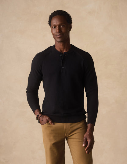 COOLMAX® Textured Sweater Henley in Black
