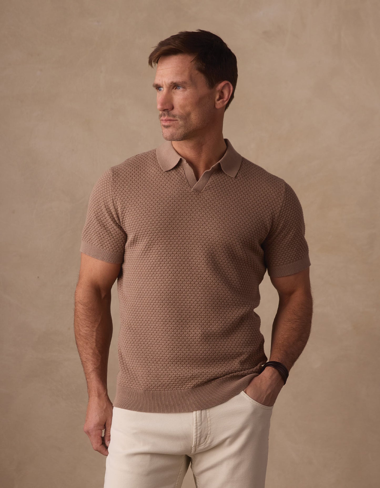 Robles Knit Jacquard Polo in Taupe