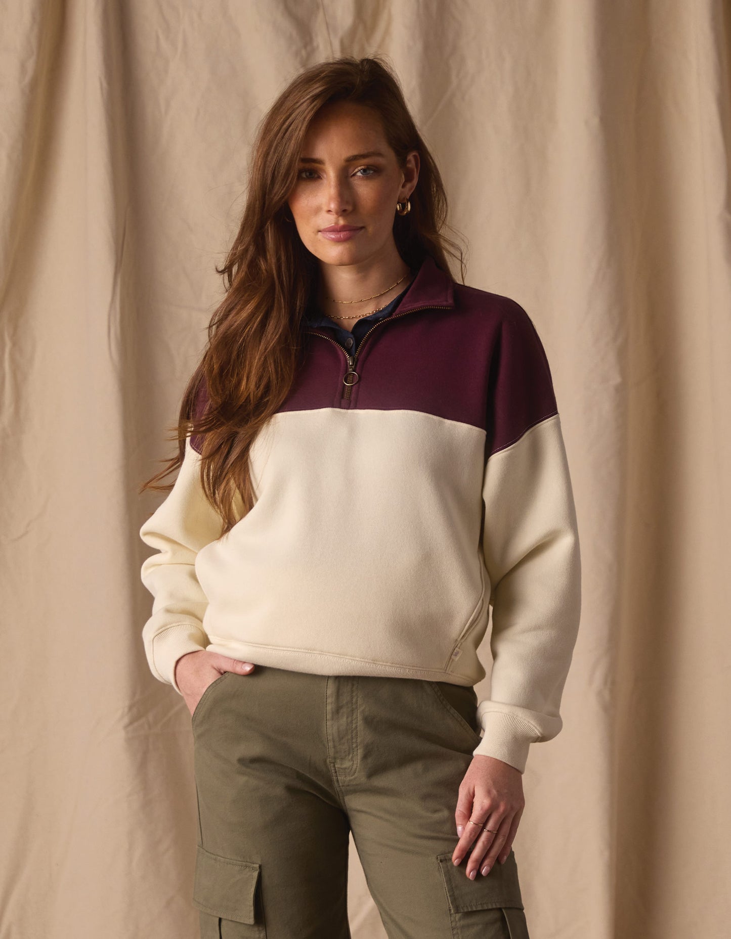 Normal Fleece Retro Quarterzip in Ivory/Port Wine