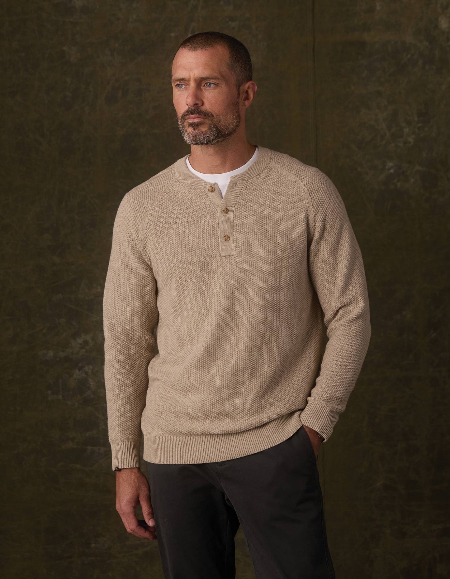 COOLMAX® Textured Sweater Henley in Flax