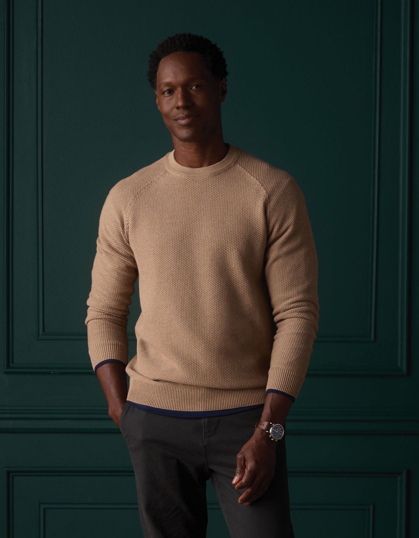 COOLMAX® Textured Crewneck Sweater in Dark Taupe