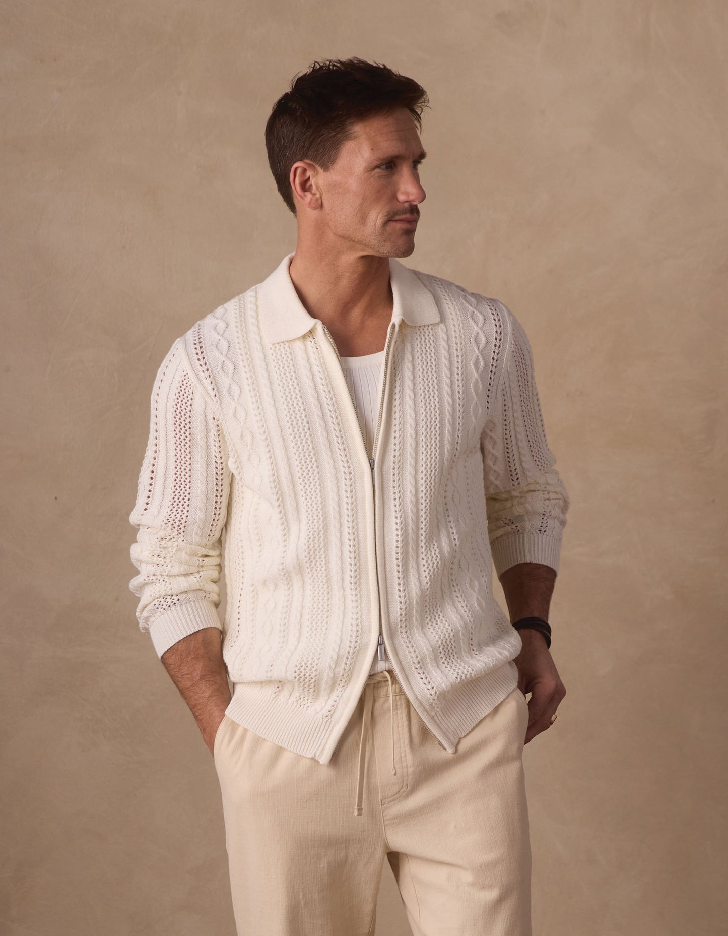 Jacquard Zip Front Cardigan in Ivory