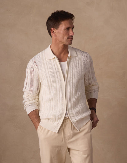 Jacquard Zip Front Cardigan in Ivory