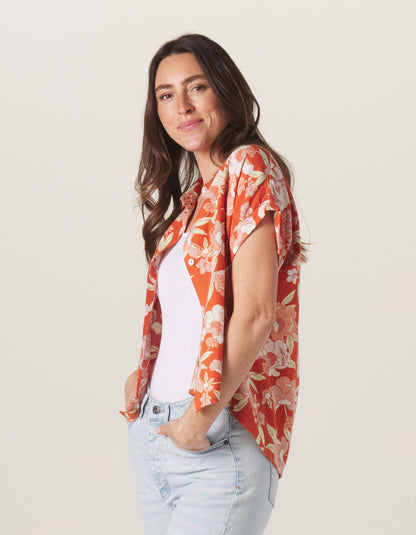 Sonoran Slub Camp Shirt in Cayenne Floral Print