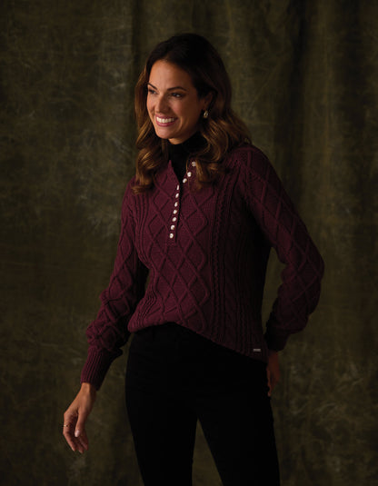 Josefine Cableknit Henley in Port Wine