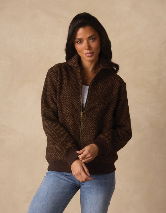 Heritage Full Zip Cardigan in Brown Herringbone