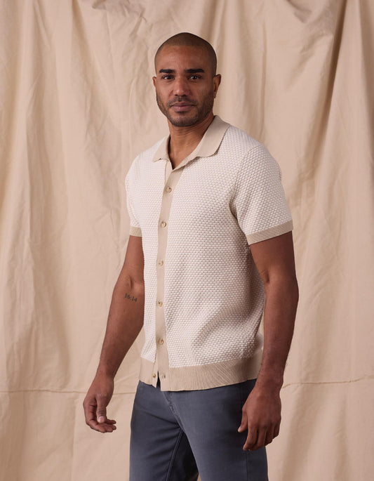 Robles Knit Jacquard Button Up in Ivory/Khaki