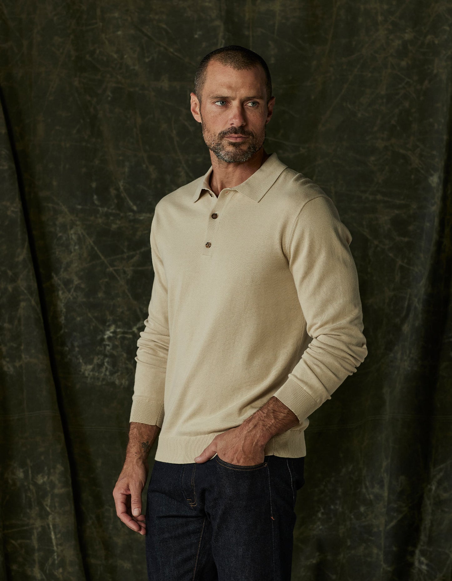 Robles Knit Long Sleeve Polo in Oatmeal