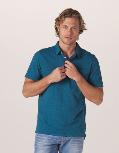 Vintage Slub Pocket Polo in Teal On Model from Front