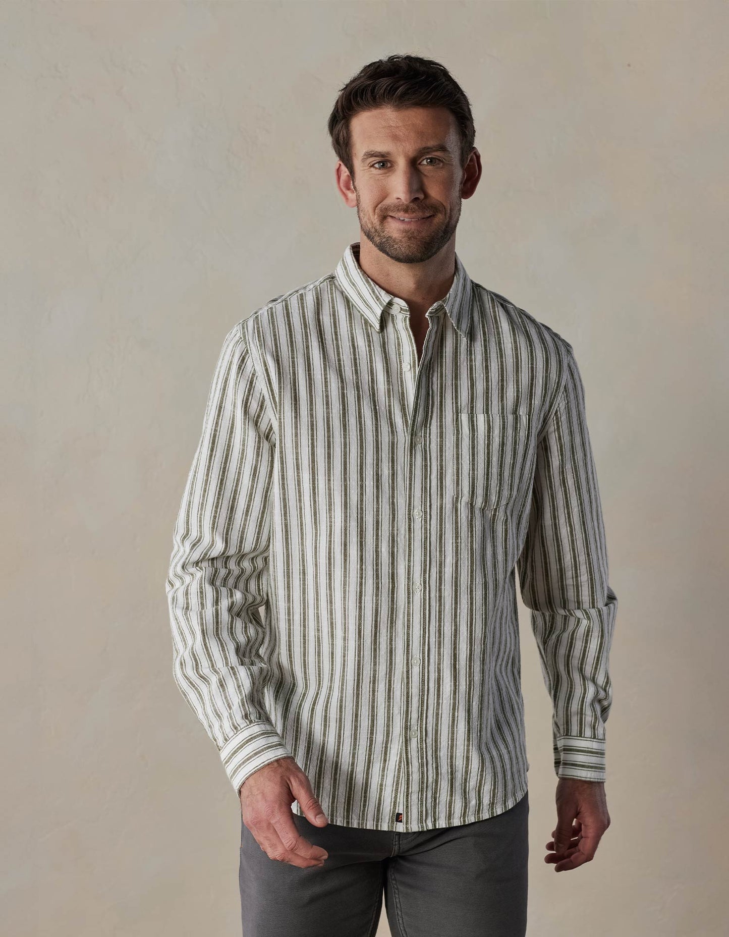 Lived-In Cotton Long Sleeve Button Up in Pine Needle Stripe