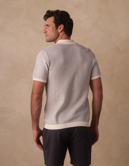 Robles Birdseye Knit Polo in Cream/Grey