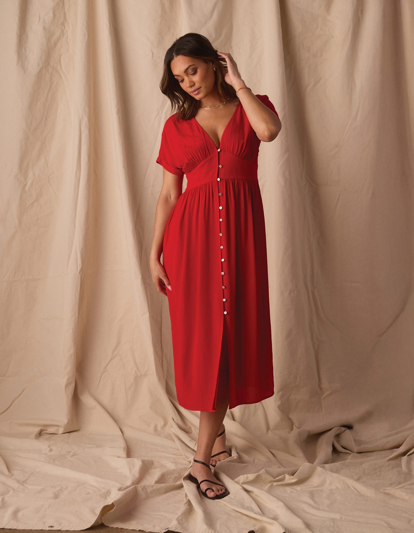Aria Crepe Midi Dress in Poppy Red