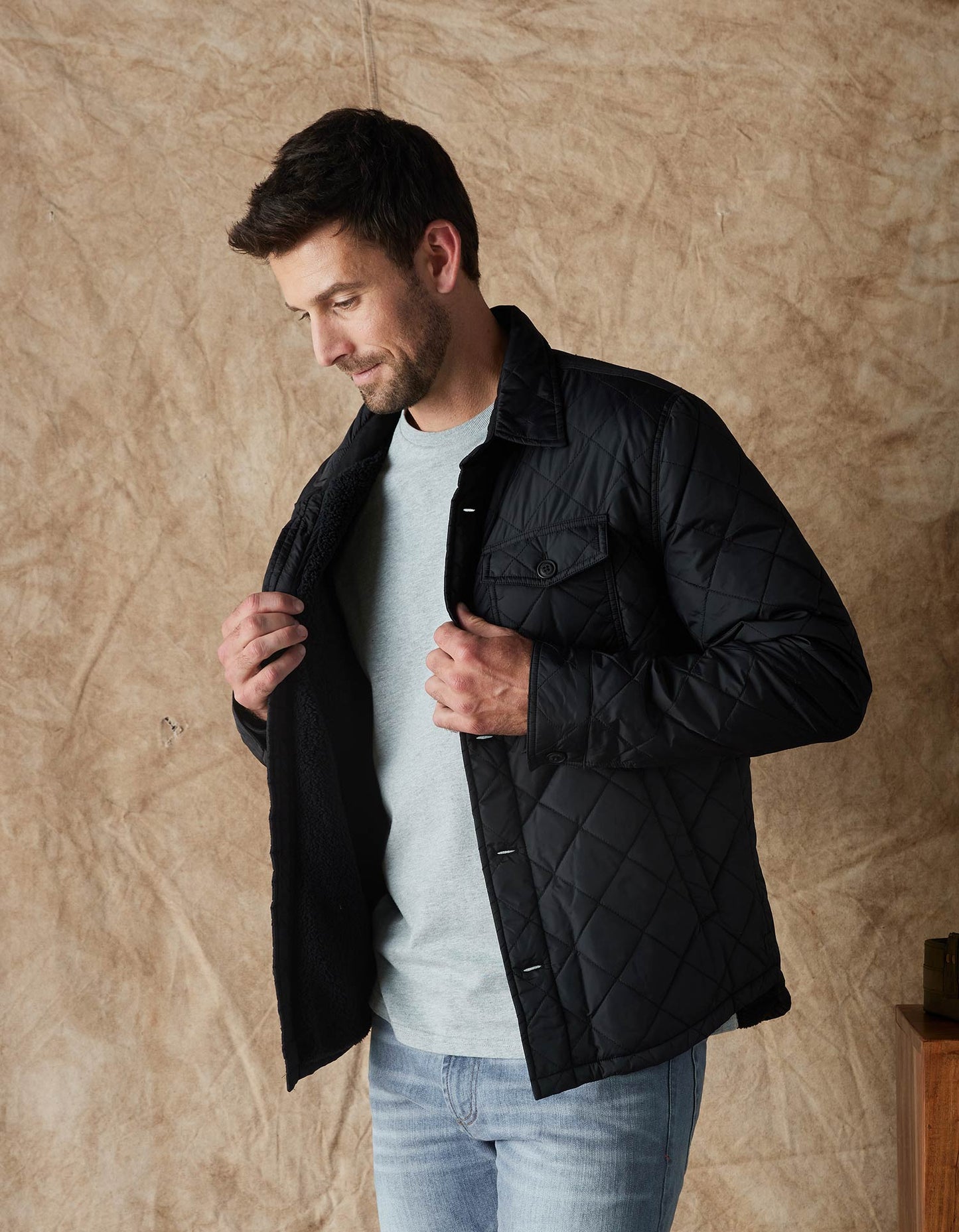 Quilted Sherpa Lined Shacket in Black