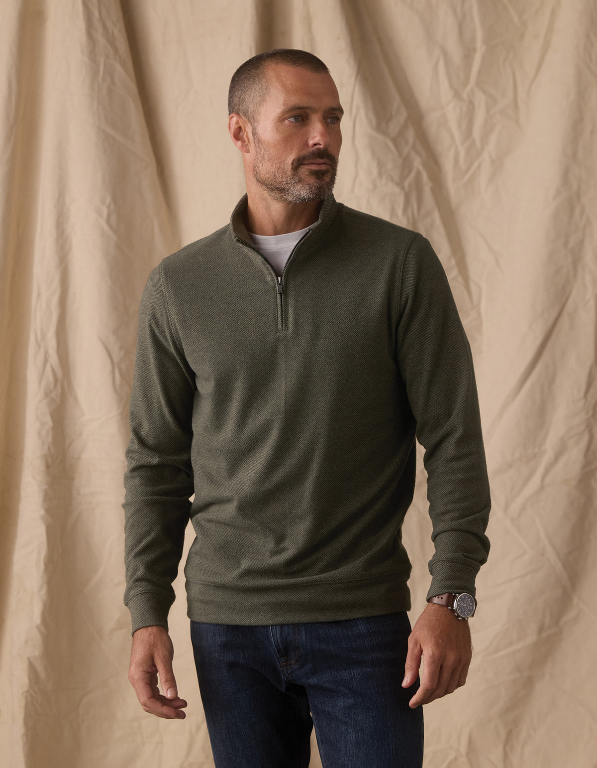 Brushed Textured Knit Quarterzip in Dark Forest