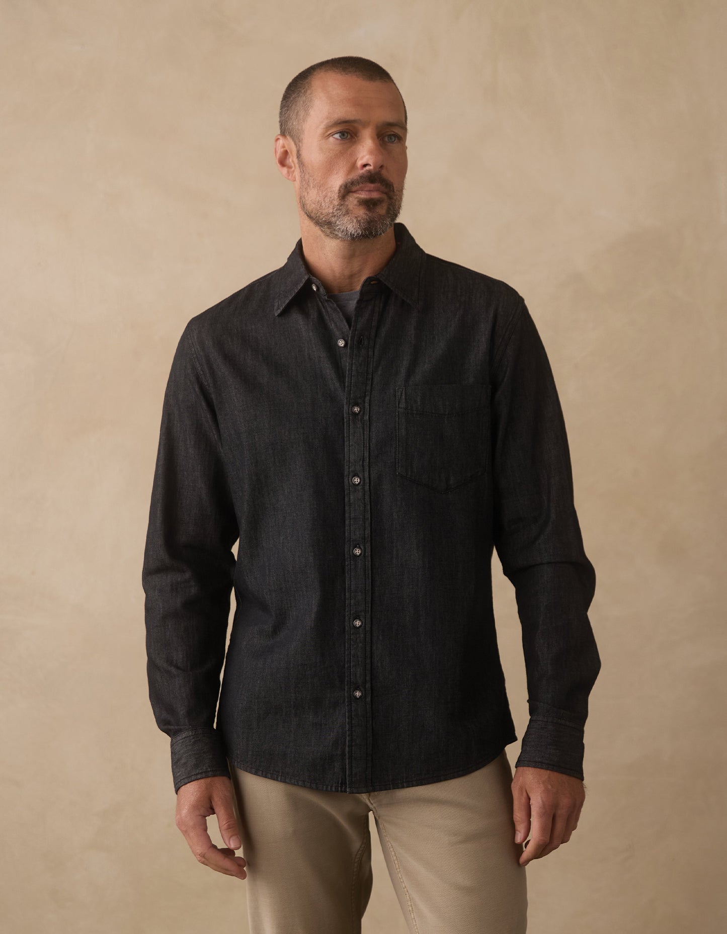 Cotton Denim Long Sleeve Button Up in Washed Black
