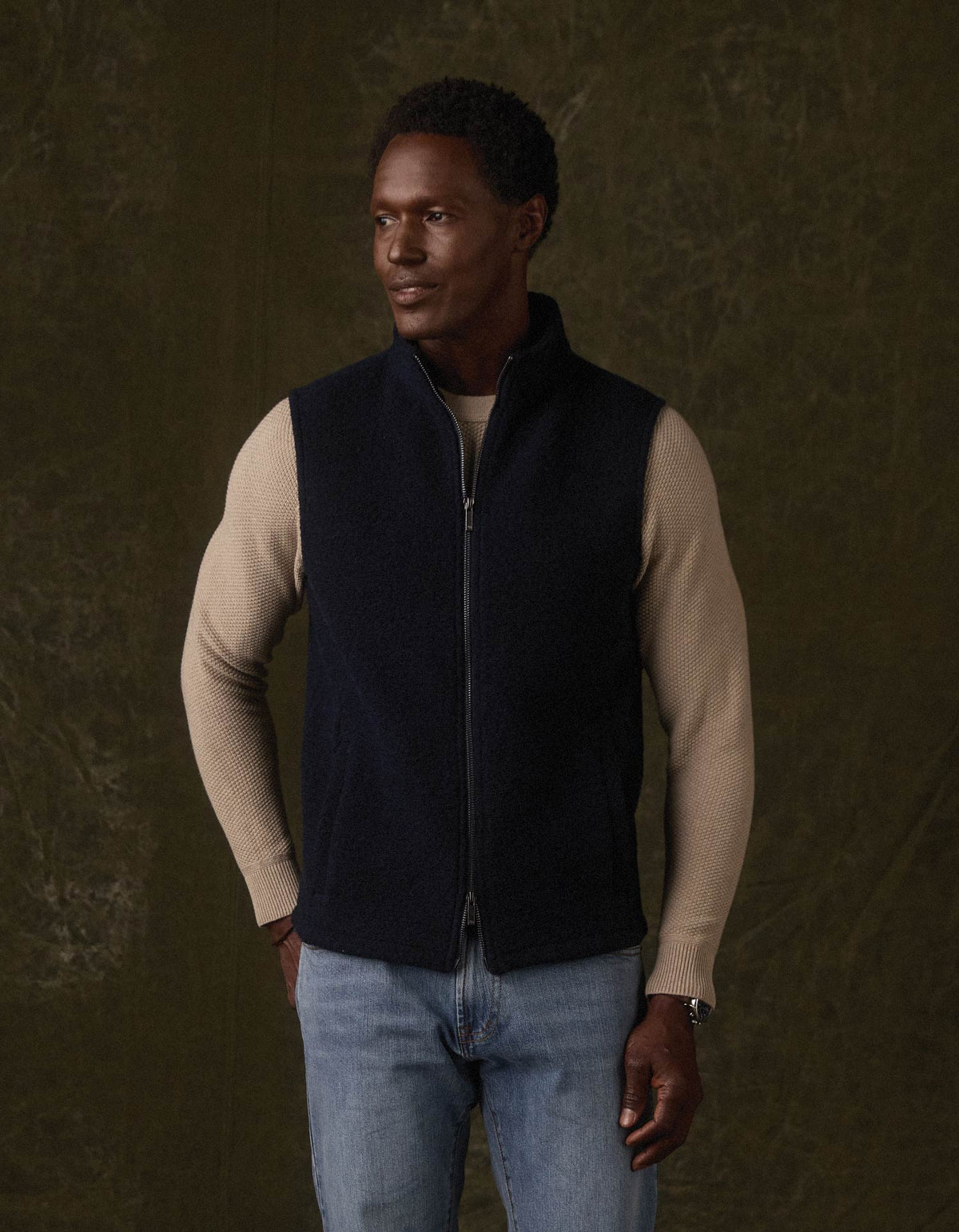Brushed Knit Boucle Vest in Navy