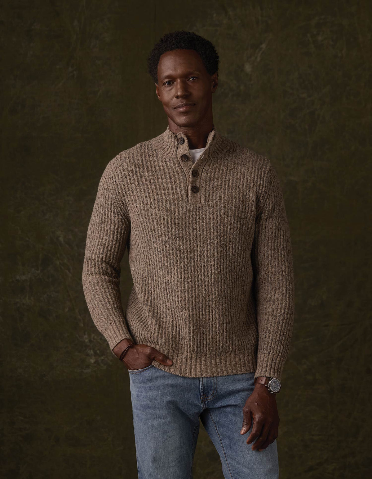 Boucle Popover Sweater in Taupe - model front view
