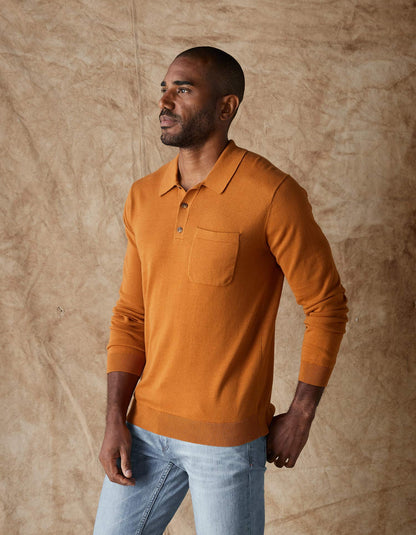 Robles Knit Long Sleeve Polo in Almond