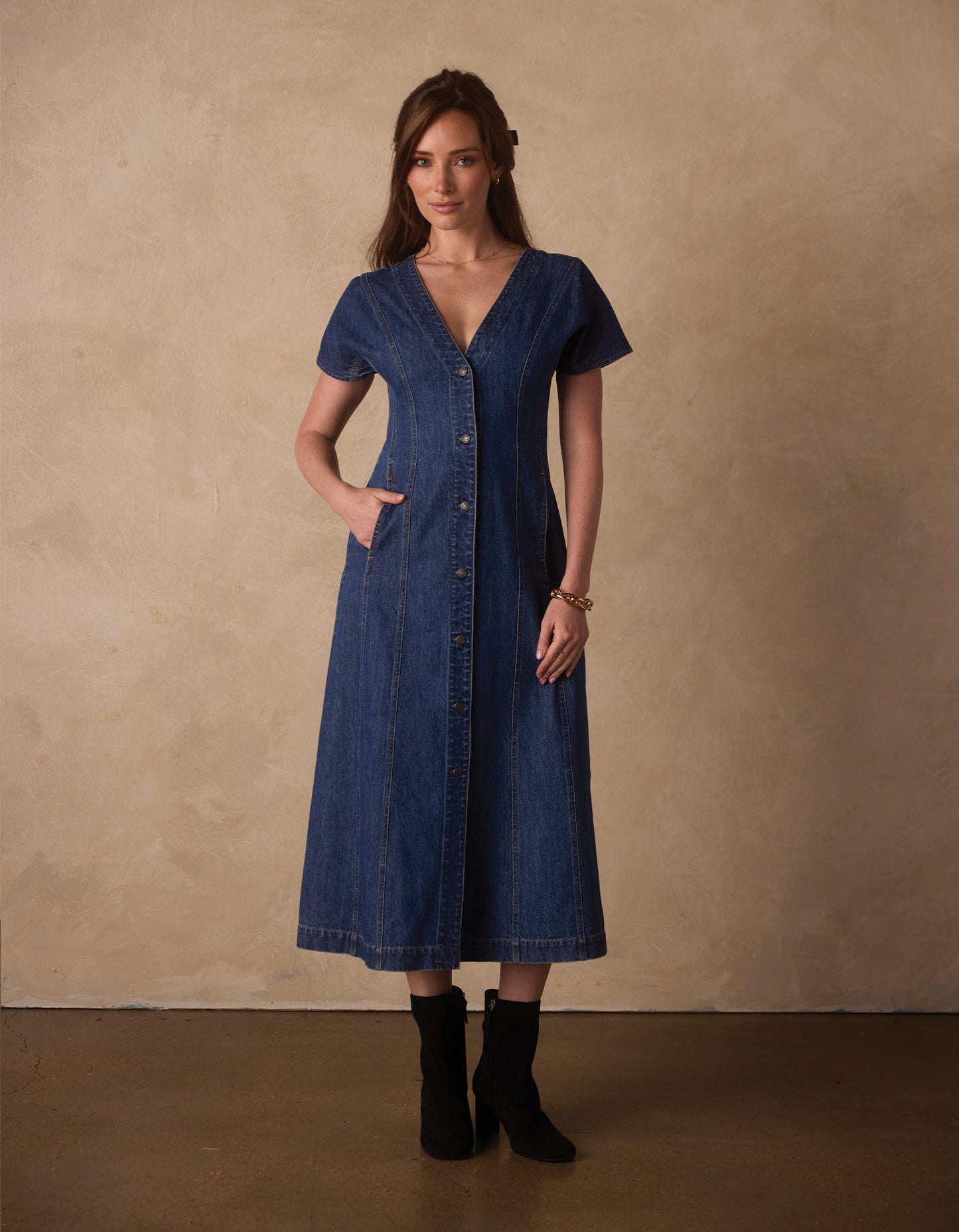 Denim Seamed Midi Dress in Medium Wash