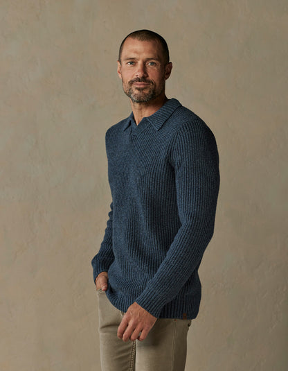 Marled Polo Sweater in Steel Blue