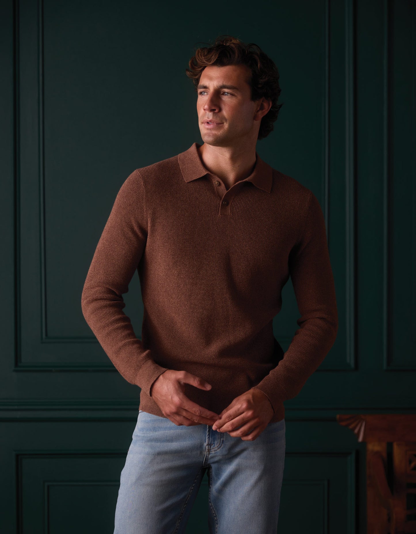 Robles Knit Waffle Stitch Polo in Heather Brown