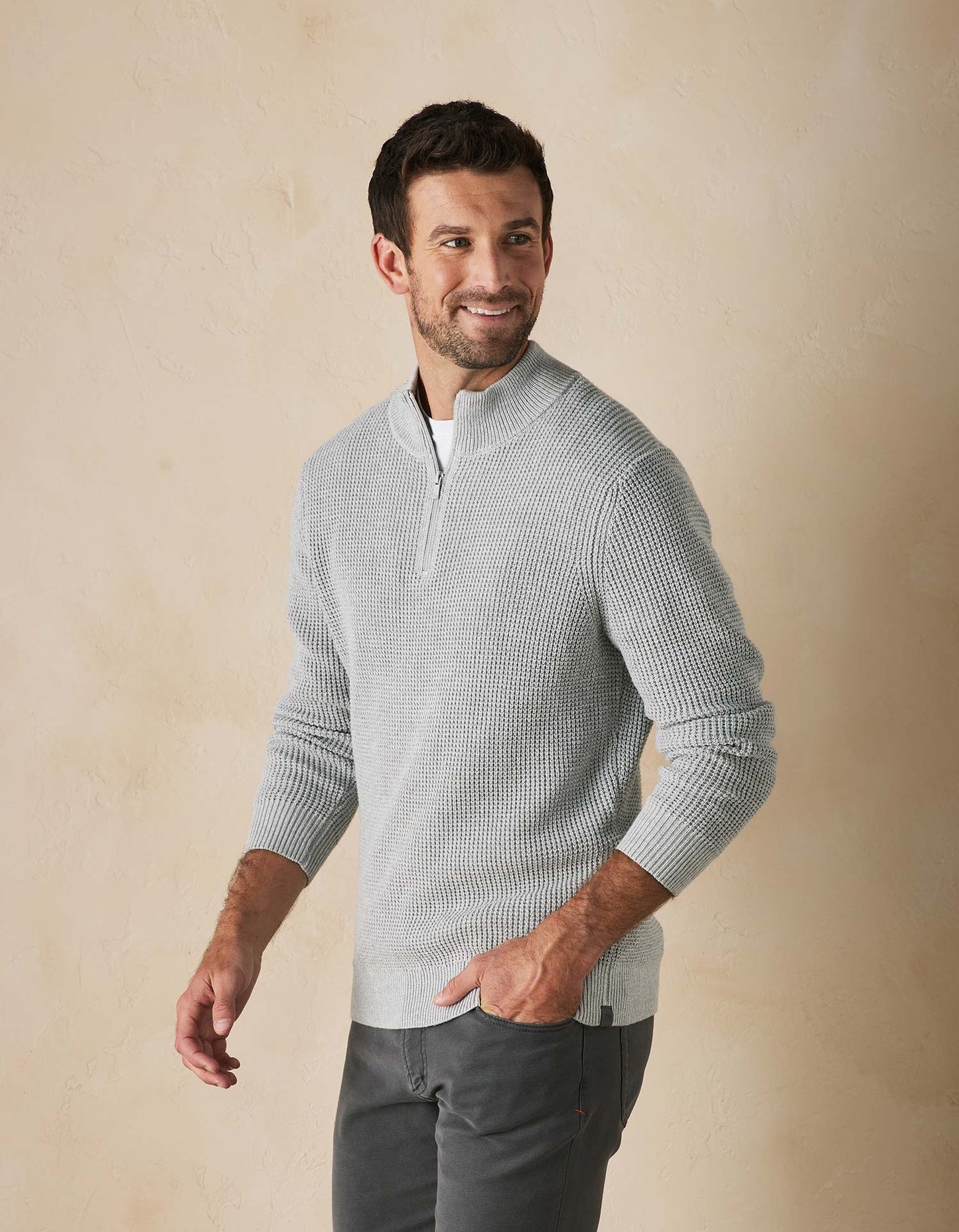 Waffle Knit Quarter Zip Pullover in Grey