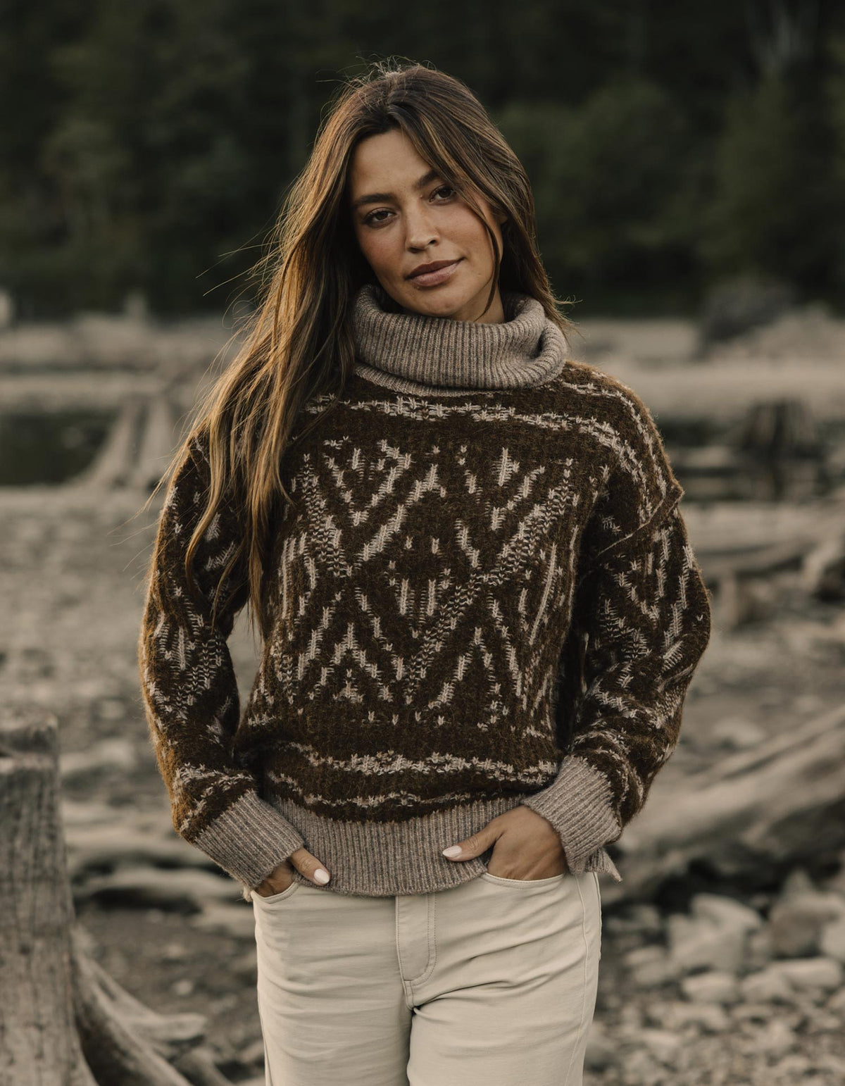Freya Sweater in Hickory Multi — standing outdoor view on model